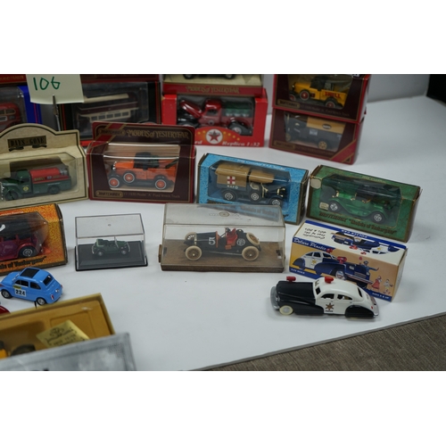 106 - Collection of die-cast model vehicles, mostly by Corgi, including buses, cars, and trucks.