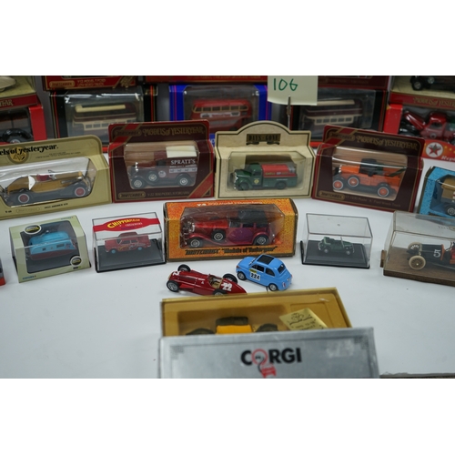 106 - Collection of die-cast model vehicles, mostly by Corgi, including buses, cars, and trucks.