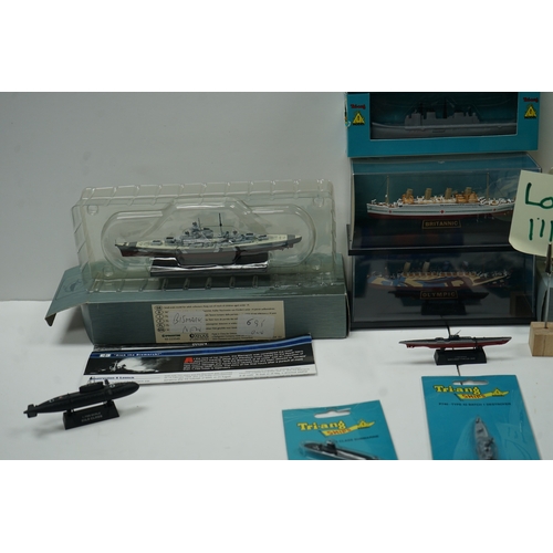 111 - Collection of die-cast ship and submarine models, including items by Tri-ang Minic Ships.