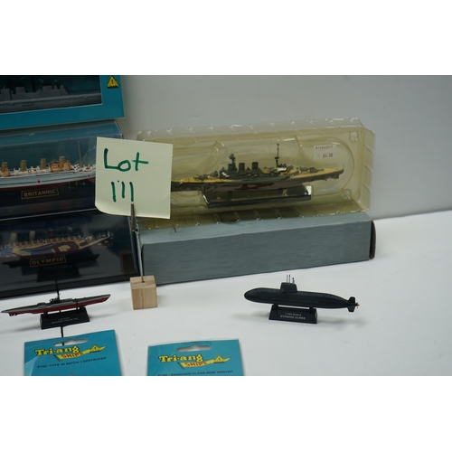 111 - Collection of die-cast ship and submarine models, including items by Tri-ang Minic Ships.