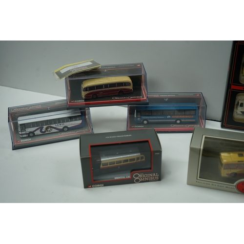 112 - Collection of model buses and trams, including Corgi Original Omnibus and De Luxe Series editions.