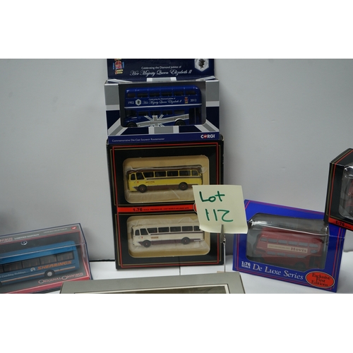 112 - Collection of model buses and trams, including Corgi Original Omnibus and De Luxe Series editions.