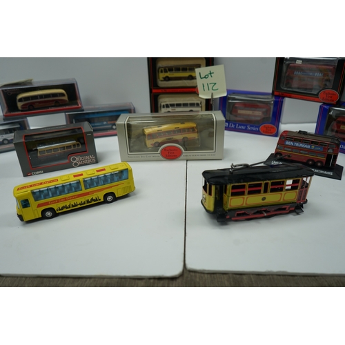 112 - Collection of model buses and trams, including Corgi Original Omnibus and De Luxe Series editions.