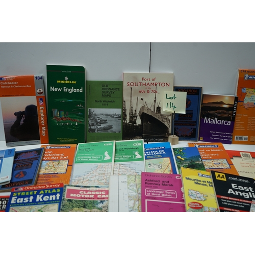 114 - Collection of maps and travel guides including Michelin, AA Road Maps, and Ordnance Survey maps.