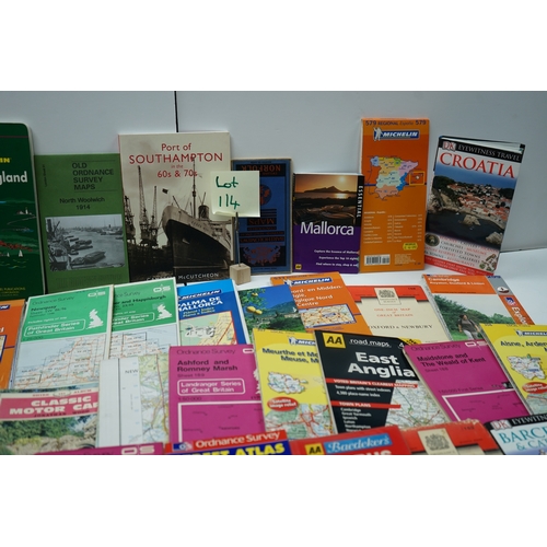 114 - Collection of maps and travel guides including Michelin, AA Road Maps, and Ordnance Survey maps.