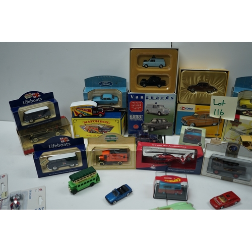 116 - Collection of die-cast model vehicles, including Corgi, Matchbox, and Vanguards. Lot includes variou... 