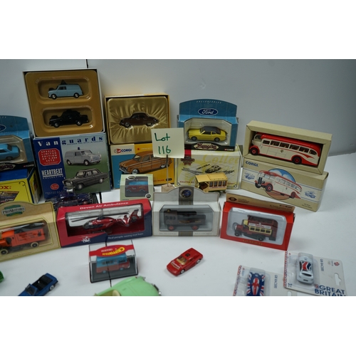 116 - Collection of die-cast model vehicles, including Corgi, Matchbox, and Vanguards. Lot includes variou... 