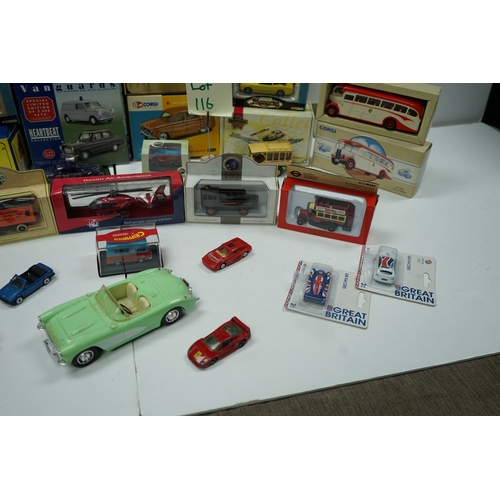 116 - Collection of die-cast model vehicles, including Corgi, Matchbox, and Vanguards. Lot includes variou... 