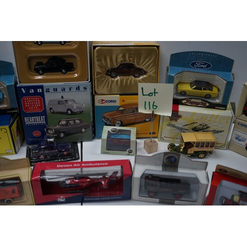 116 - Collection of die-cast model vehicles, including Corgi, Matchbox, and Vanguards. Lot includes variou... 