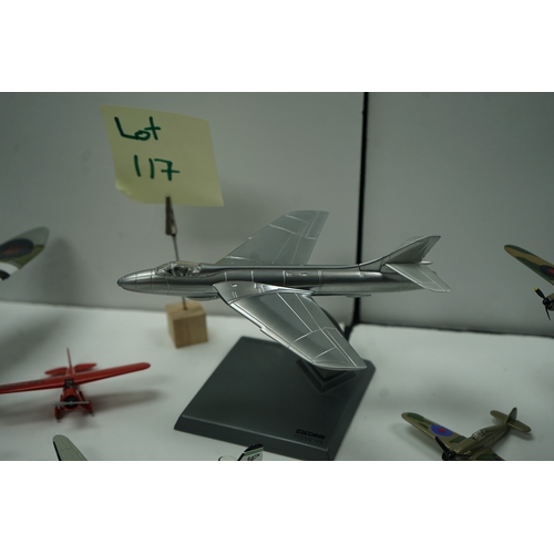 117 - Collection of model airplanes, including various biplanes, a Concorde model, and military aircraft.