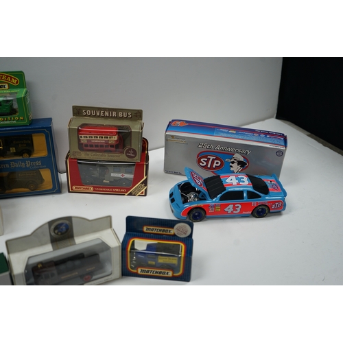 118 - Collection of die-cast model vehicles, including brands such as Corgi, Matchbox, Lledo, and an STP r... 