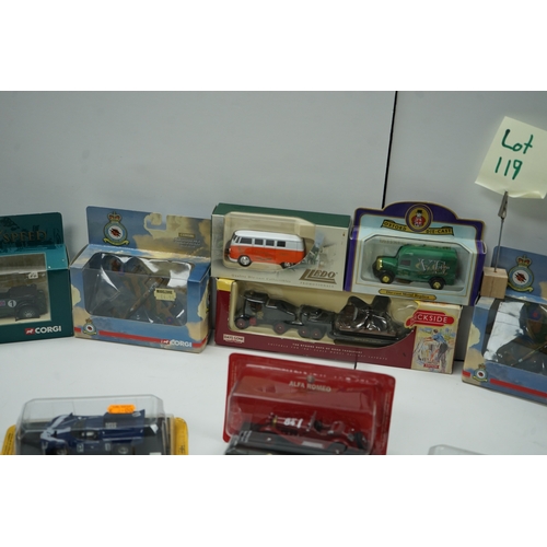 119 - Collection of model cars including Corgi, Lledo and other brands, featuring vintage and racing cars.