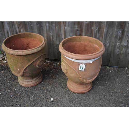 1207 - Gardens, Pots & Planters: Pair of terracotta garden planters with decorative design. 35cm Dia. x 41c... 