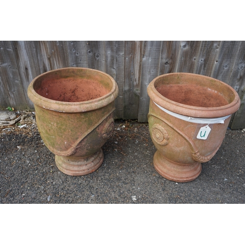 1207 - Gardens, Pots & Planters: Pair of terracotta garden planters with decorative design. 35cm Dia. x 41c... 