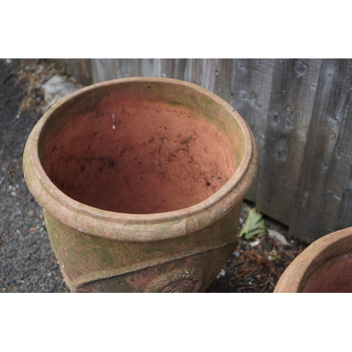 1207 - Gardens, Pots & Planters: Pair of terracotta garden planters with decorative design. 35cm Dia. x 41c... 