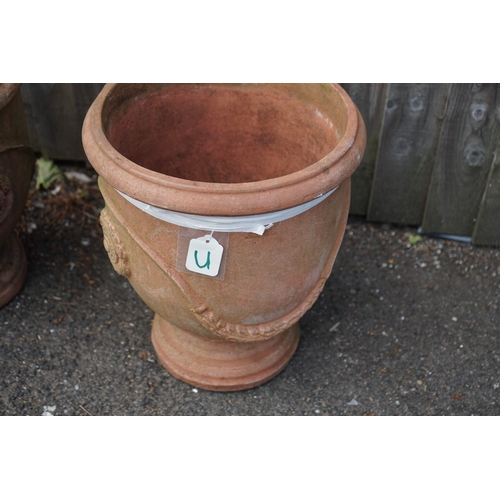 1207 - Gardens, Pots & Planters: Pair of terracotta garden planters with decorative design. 35cm Dia. x 41c... 