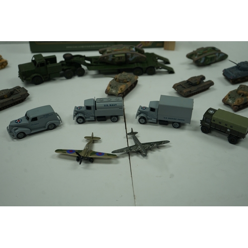 121 - Collection of military vehicle and aircraft models, including tanks, trucks, and planes. Also includ... 