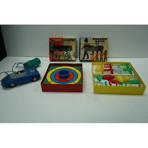 412 - Collection of vintage toys and games including Porsche Remote Control car, Airfix German Infantry fi... 