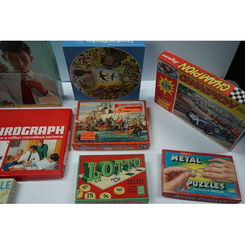 421 - Collection of vintage games and puzzles including Merit Chemistry set, Spirograph set, Chinese Check... 