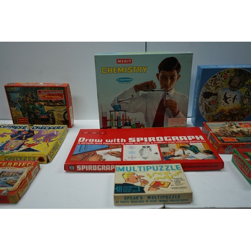 421 - Collection of vintage games and puzzles including Merit Chemistry set, Spirograph set, Chinese Check... 