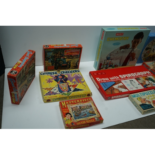 421 - Collection of vintage games and puzzles including Merit Chemistry set, Spirograph set, Chinese Check... 