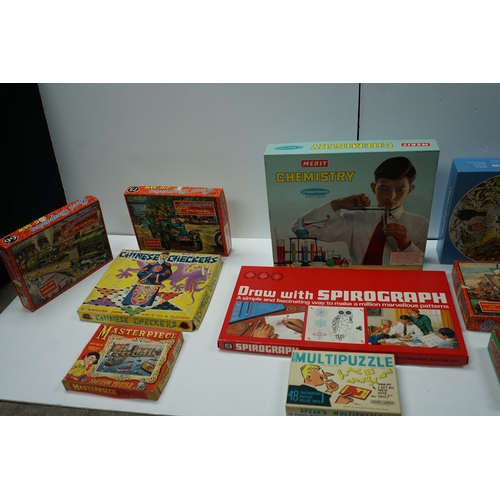 421 - Collection of vintage games and puzzles including Merit Chemistry set, Spirograph set, Chinese Check... 