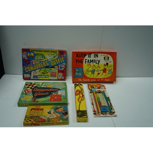 451 - Collection of vintage games including Conjurers Outfit, Keep It In The Family, Compendium of Games, ... 