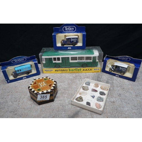 385 - Collection of toy vehicles including a Bus Berliet R.A.T.P model by M.P.C and a Tetley's Teas van by... 