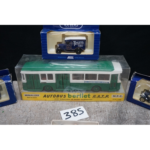 385 - Collection of toy vehicles including a Bus Berliet R.A.T.P model by M.P.C and a Tetley's Teas van by... 