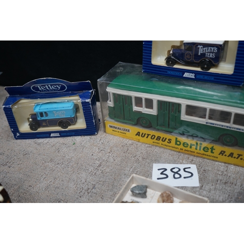 385 - Collection of toy vehicles including a Bus Berliet R.A.T.P model by M.P.C and a Tetley's Teas van by... 