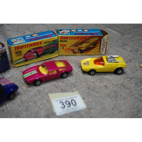 390 - Collection of Matchbox diecast cars with boxes, including models No. 41 Siva Spyder, No. 32 Maserati... 