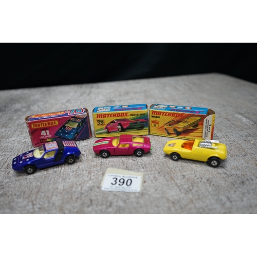 390 - Collection of Matchbox diecast cars with boxes, including models No. 41 Siva Spyder, No. 32 Maserati... 