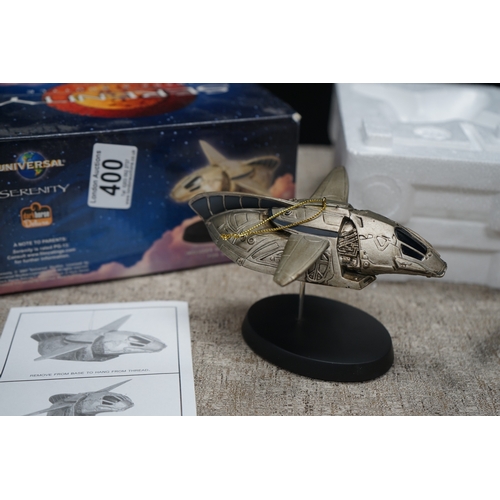 400 - Serenity spaceship model from Universal, with original box and instruction sheet.