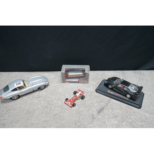 208 - Burago Jaguar E Type, Ferrari F40, Corgi Ferrari F12 and a Model Bus