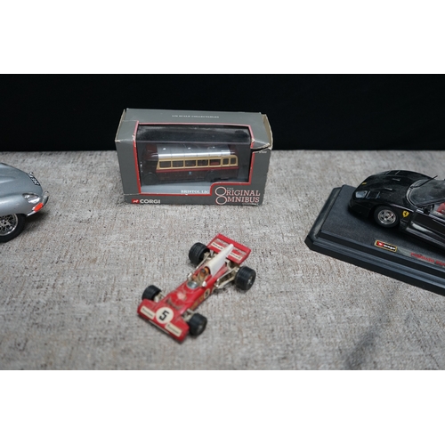 208 - Burago Jaguar E Type, Ferrari F40, Corgi Ferrari F12 and a Model Bus