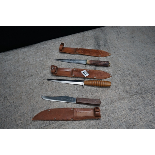 213 - Pair of Unmarked Commando Knives in Sheaths and a Bushmans Friend Knife in Sheath