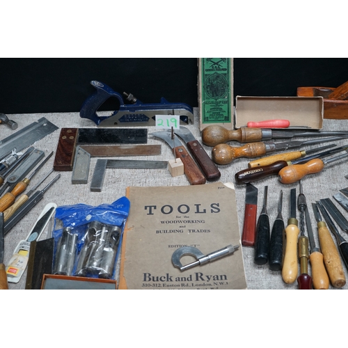 219 - Crate of good quality wood work and carpentry tools to include Record No 778 Plane, W Marples Chisel... 