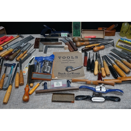 219 - Crate of good quality wood work and carpentry tools to include Record No 778 Plane, W Marples Chisel... 