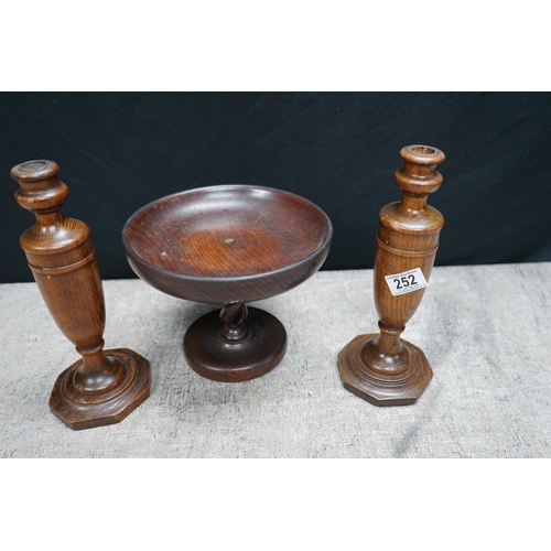 252 - Pair of Antique Turned Oak Candlesticks and an Oak Tazza