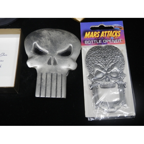 473 - Mixed Lot to Include Punisher Belt Buckle, Overwatch McCree Badge, Star Wars Paperweight, Mars Attac... 