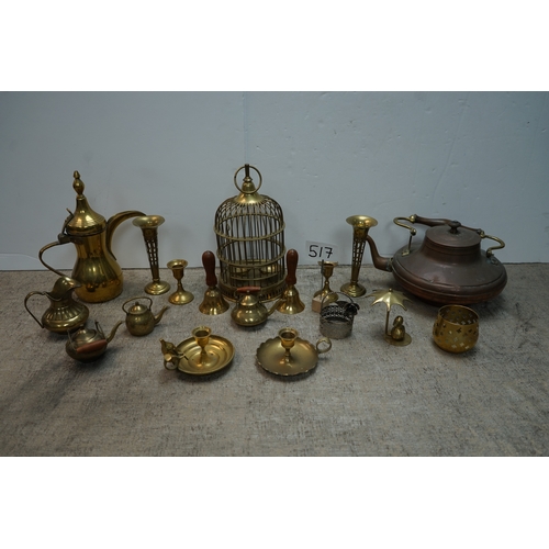 517 - An interesting shelf of copper and brass items