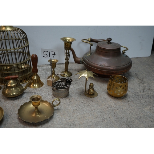 517 - An interesting shelf of copper and brass items