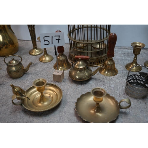 517 - An interesting shelf of copper and brass items