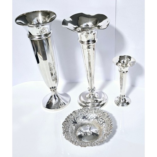 73K - 3x Sterling silver Vases plus a Sterling silver dish