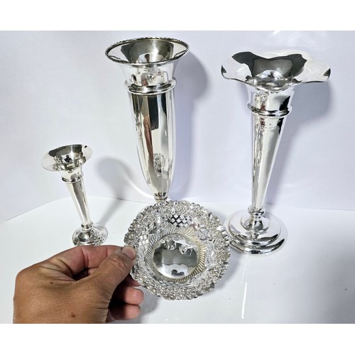 73K - 3x Sterling silver Vases plus a Sterling silver dish