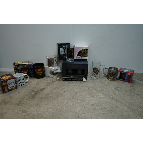 484 - Collection of assorted mugs and collectable items including Superman, Star Wars, Blade Runner, and G... 