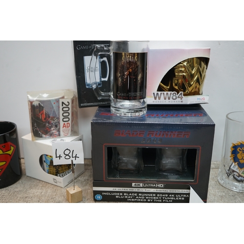 484 - Collection of assorted mugs and collectable items including Superman, Star Wars, Blade Runner, and G... 