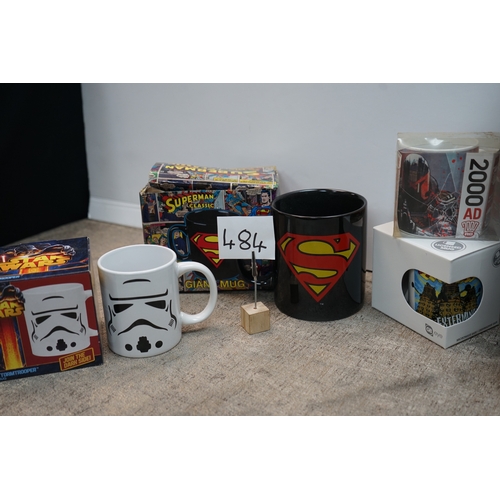 484 - Collection of assorted mugs and collectable items including Superman, Star Wars, Blade Runner, and G... 