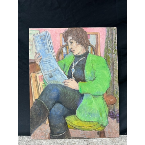 2d - Peter Samuelson (British 1912-1996) Oil on Board - Seated lady in green jacket reading a newspaper 1... 