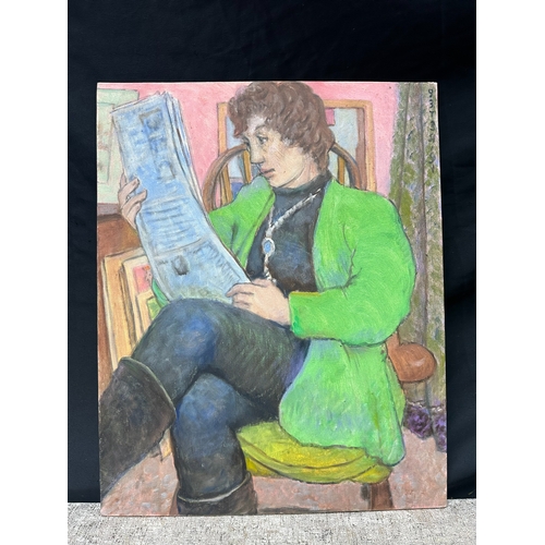 2d - Peter Samuelson (British 1912-1996) Oil on Board - Seated lady in green jacket reading a newspaper 1... 